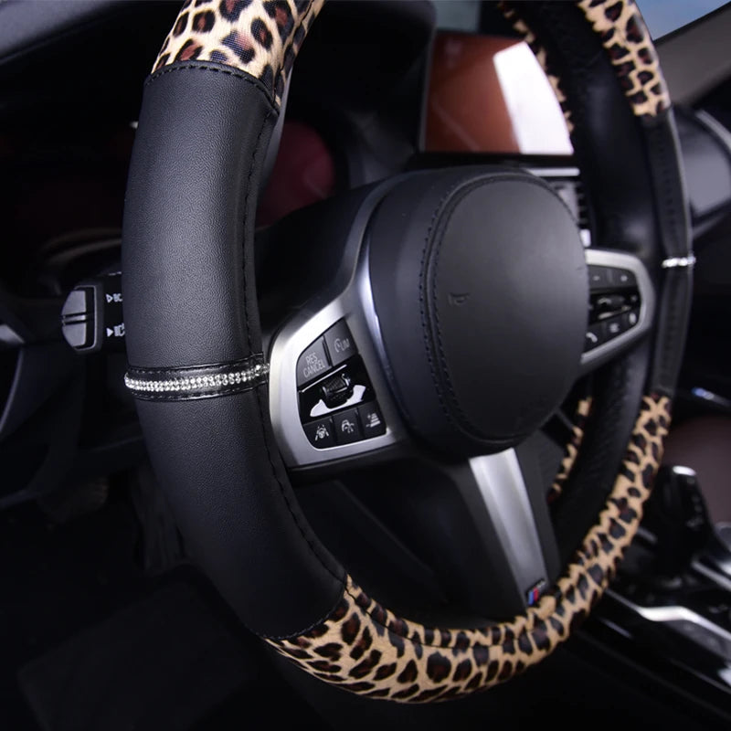 Car Steering Wheel Cover Fashion Leopard Pattern Non-Slip 38 cm Wheel Covers Protection PU For Most Car