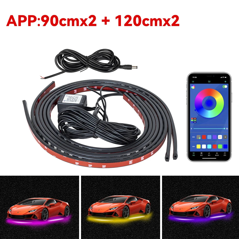 Car Underbody Light Decorative Lamp Neon LED RGB Car Underglow Bottom Light Remote/APP Control Flexible Waterproof LED Strip
