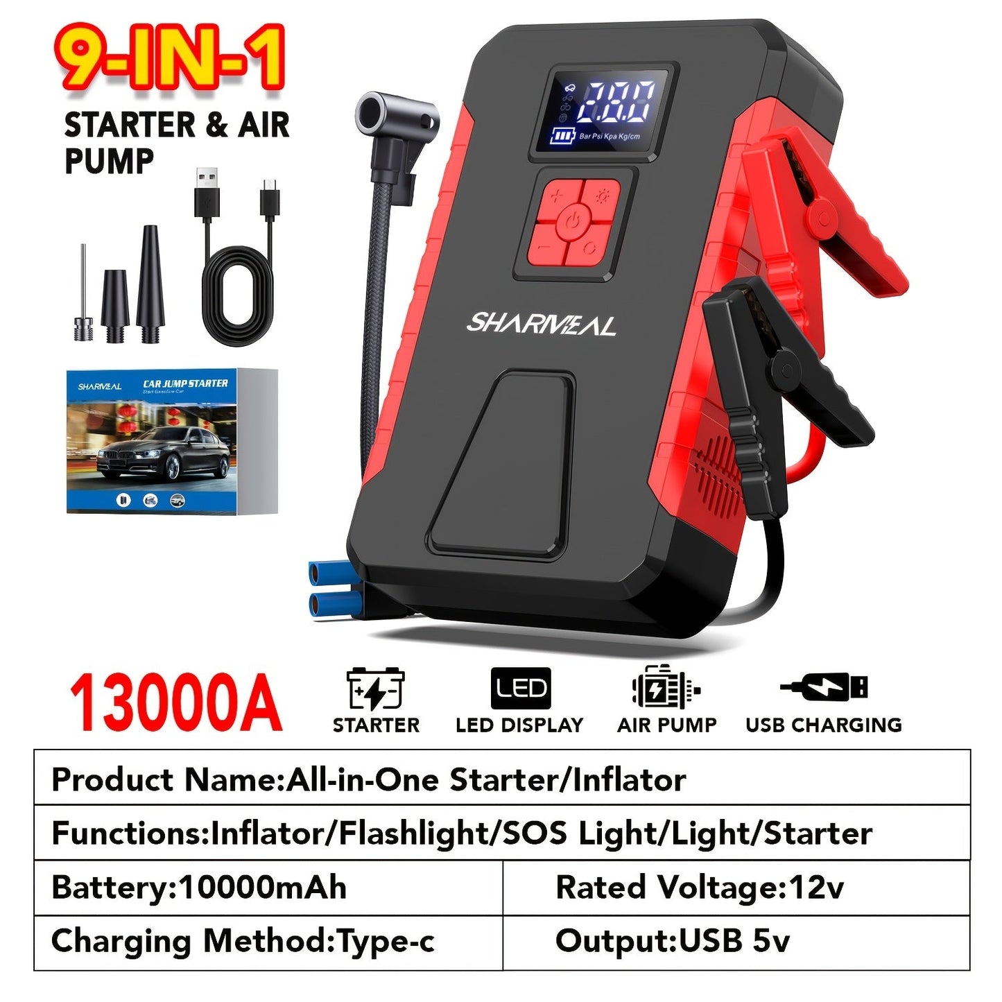 Portable Car Jump Starter with Air Compressor