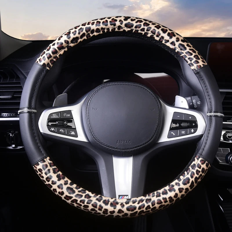 Car Steering Wheel Cover Fashion Leopard Pattern Non-Slip 38 cm Wheel Covers Protection PU For Most Car