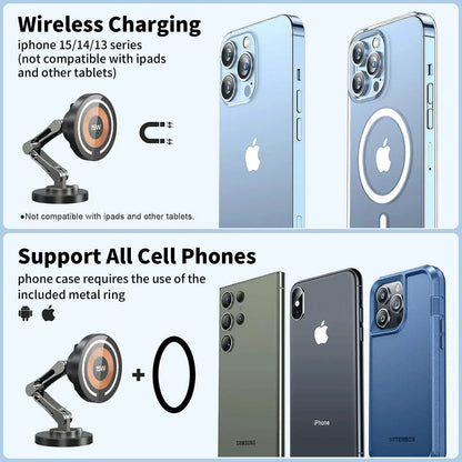 15W Magnetic Car Phone Holder Mount Wireless Charger Rotation Magnetic Car Phone Stand Fast Charging for IPhone 16 15 14 13 12