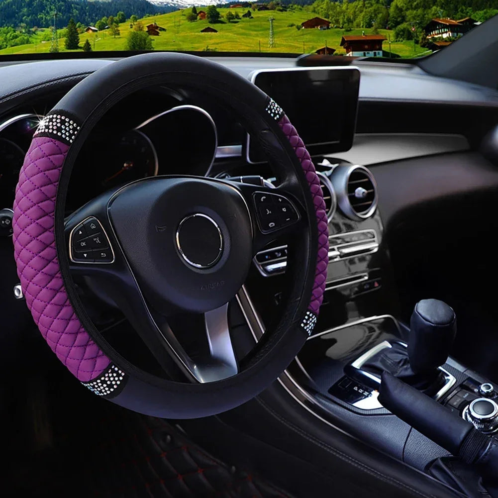 Car Steering Wheel Cover Without Inner Ring 37-38cm Three-dimensional Leather Embroidered Color Diamond-encrusted Breathable
