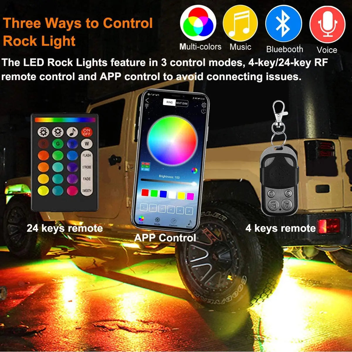 RGB Car Underglow Light LED Rock Light Multicolor Neon Bluetooth With RF APP Remote Controller For OffRoad Car Truck SUV ATV UTV