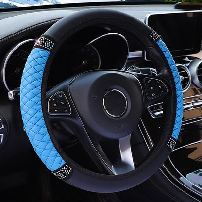 Car Steering Wheel Cover Without Inner Ring 37-38cm Three-dimensional Leather Embroidered Color Diamond-encrusted Breathable