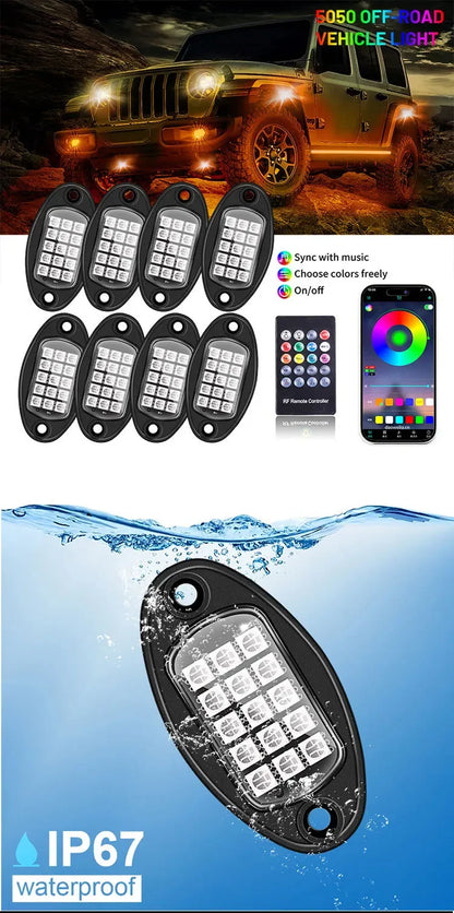 Car Underglow Chassis Lights Multicolor Wireless Control RGB Waterproof Durable Off-Road Fit Trucks Jeeps SUVs LED Rock Lights