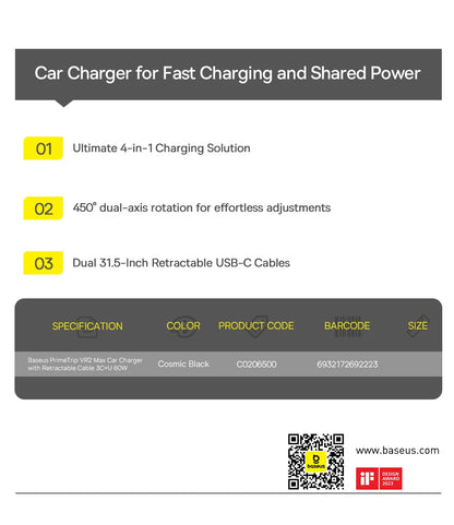 Baseus Car Charger 60W 100W 30W 240W 4 ports Built in Dual Retractable Cable PD Fast Charging USB Type-C Car Phone Charger