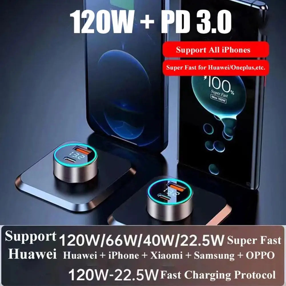 Quick Car Charger 12-24V Dual USB Type C 120W+PD20W For IPhone13 Pro Phone Car Fast Charging