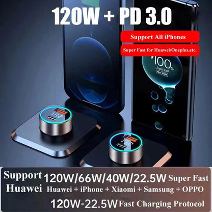 Quick Car Charger 12-24V Dual USB Type C 120W+PD20W For IPhone13 Pro Phone Car Fast Charging
