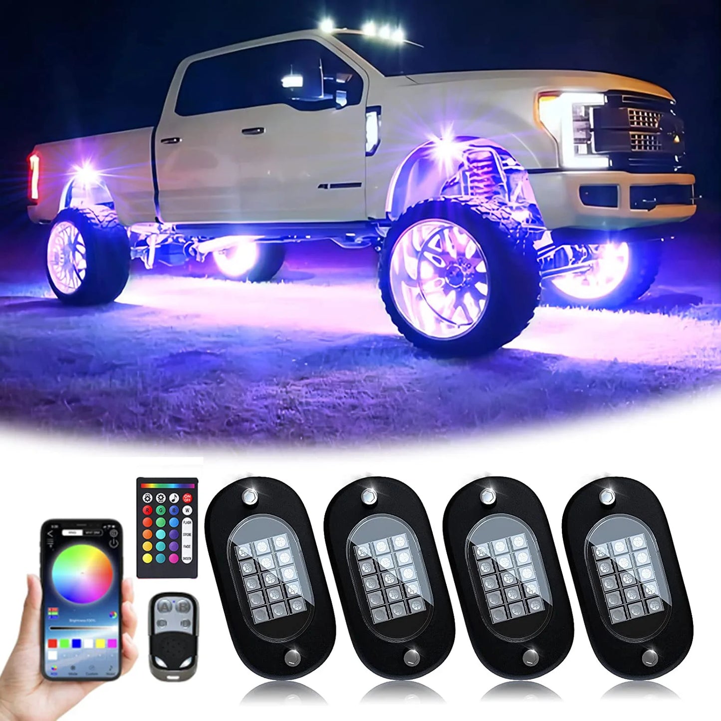 RGB Car Underglow Light LED Rock Light Multicolor Neon Bluetooth With RF APP Remote Controller For OffRoad Car Truck SUV ATV UTV