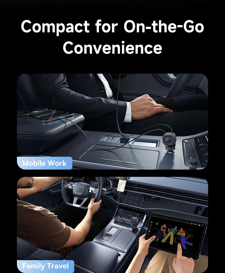 Baseus Car Charger 60W 100W 30W 240W 4 ports Built in Dual Retractable Cable PD Fast Charging USB Type-C Car Phone Charger