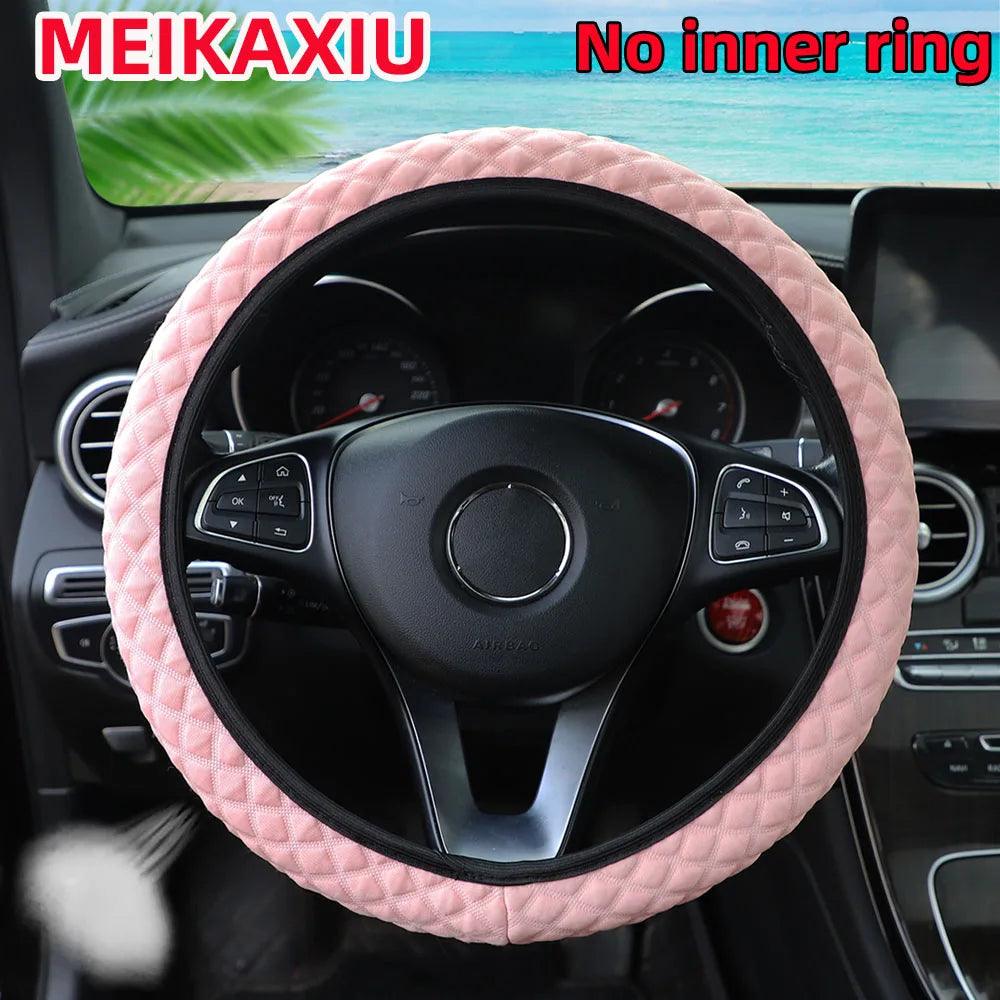 Car Steering Wheel Cover Ice Silk Breathable Comfortable Check Fabric 14.5-15 Inch Diameter Driving Wheel Cover
