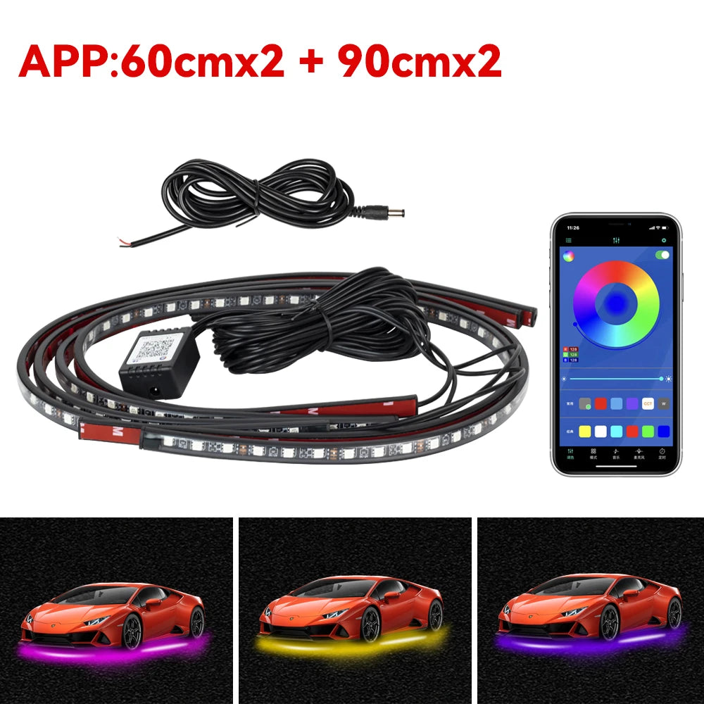 Car Underbody Light Decorative Lamp Neon LED RGB Car Underglow Bottom Light Remote/APP Control Flexible Waterproof LED Strip