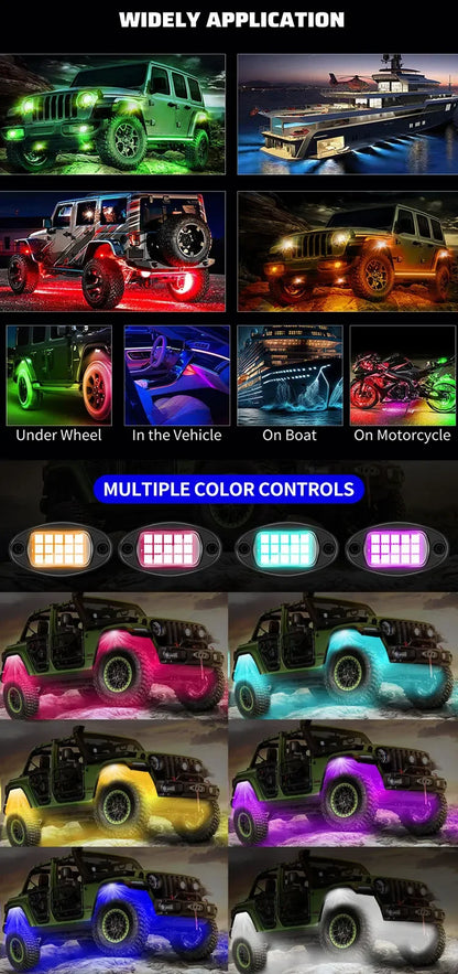 Car Underglow Chassis Lights Multicolor Wireless Control RGB Waterproof Durable Off-Road Fit Trucks Jeeps SUVs LED Rock Lights