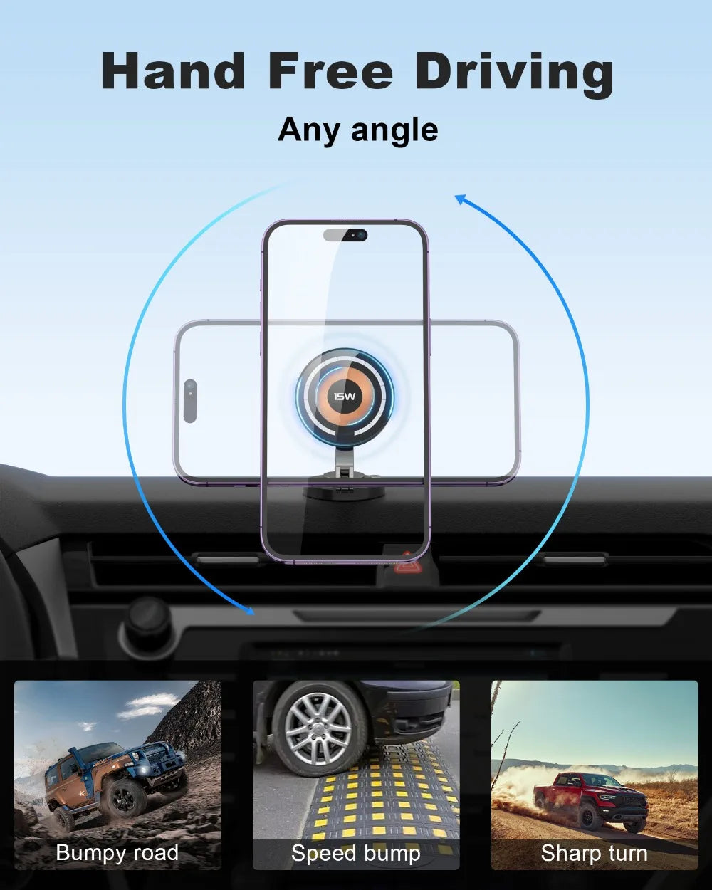 15W Magnetic Car Phone Holder Mount Wireless Charger Rotation Magnetic Car Phone Stand Fast Charging for IPhone 16 15 14 13 12