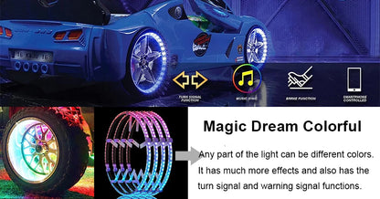 4pcs Magic Colourful Car Wheel Led Hub Light Auto SUV Ambient Styling Lamp with turn signal Brake Function APP Remote Sense 12V