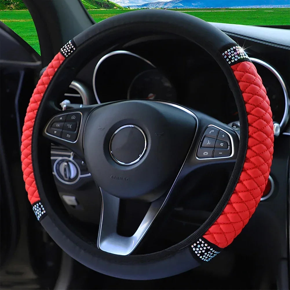 Car Steering Wheel Cover Without Inner Ring 37-38cm Three-dimensional Leather Embroidered Color Diamond-encrusted Breathable