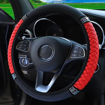 Car Steering Wheel Cover Without Inner Ring 37-38cm Three-dimensional Leather Embroidered Color Diamond-encrusted Breathable