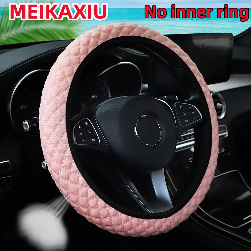 Car Steering Wheel Cover Ice Silk Breathable Comfortable Check Fabric 14.5-15 Inch Diameter Driving Wheel Cover