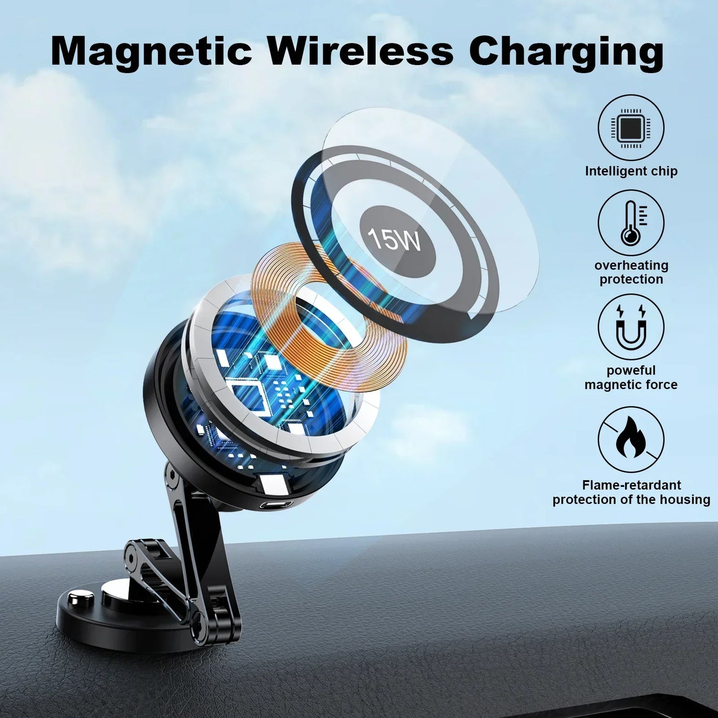 15W Magnetic Car Phone Holder Mount Wireless Charger Rotation Magnetic Car Phone Stand Fast Charging for IPhone 16 15 14 13 12