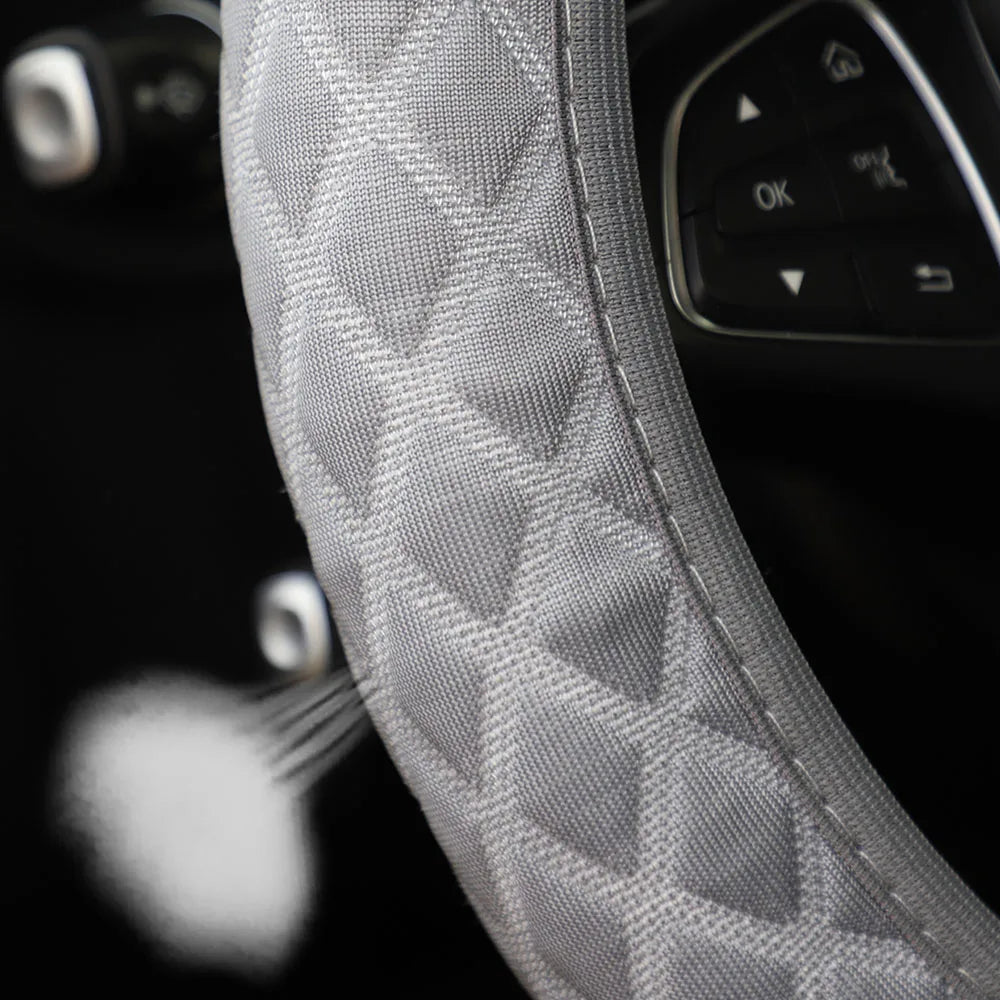 Car Steering Wheel Cover Ice Silk Breathable Comfortable Check Fabric 14.5-15 Inch Diameter Driving Wheel Cover