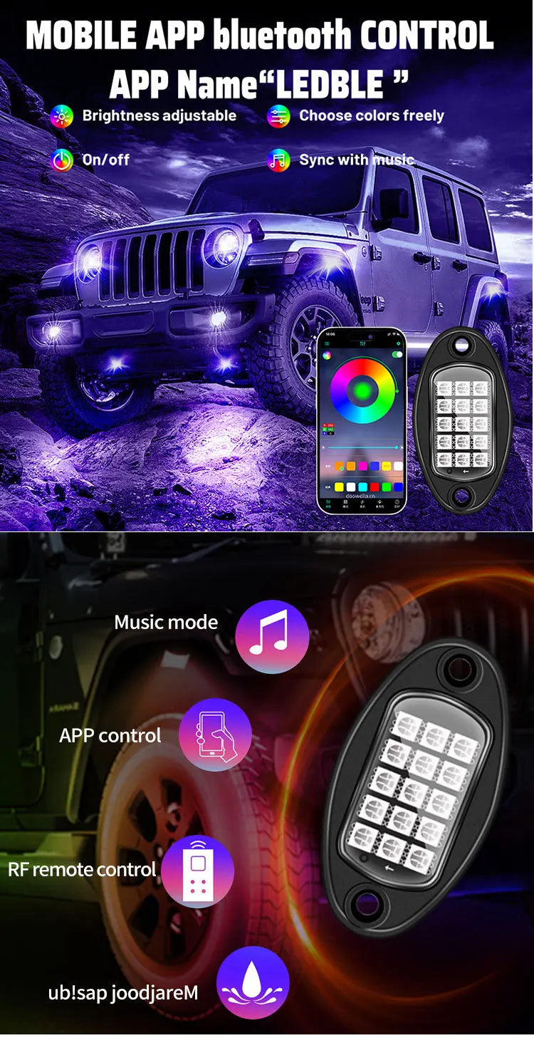 Car Underglow Chassis Lights Multicolor Wireless Control RGB Waterproof Durable Off-Road Fit Trucks Jeeps SUVs LED Rock Lights