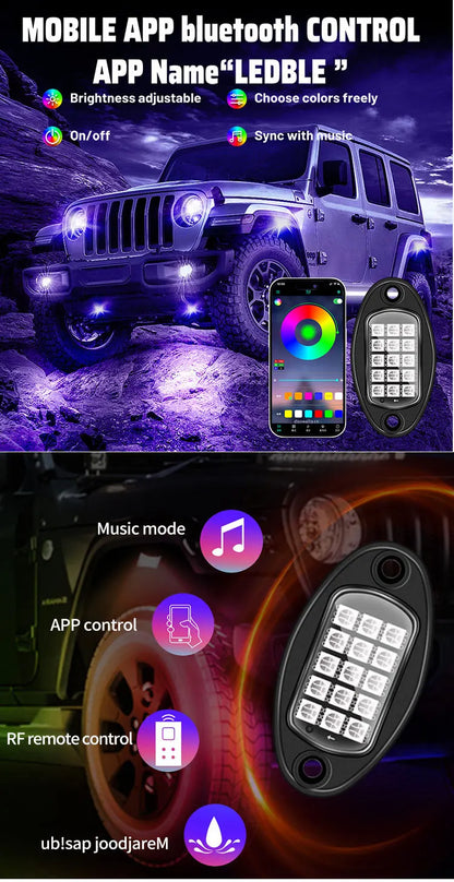 Car Underglow Chassis Lights Multicolor Wireless Control RGB Waterproof Durable Off-Road Fit Trucks Jeeps SUVs LED Rock Lights