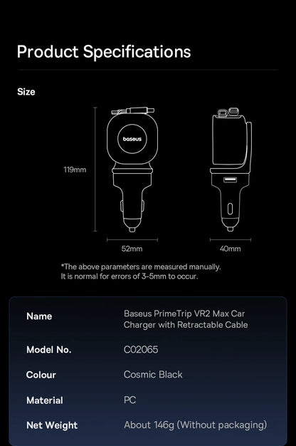 Baseus Car Charger 60W 100W 30W 240W 4 ports Built in Dual Retractable Cable PD Fast Charging USB Type-C Car Phone Charger