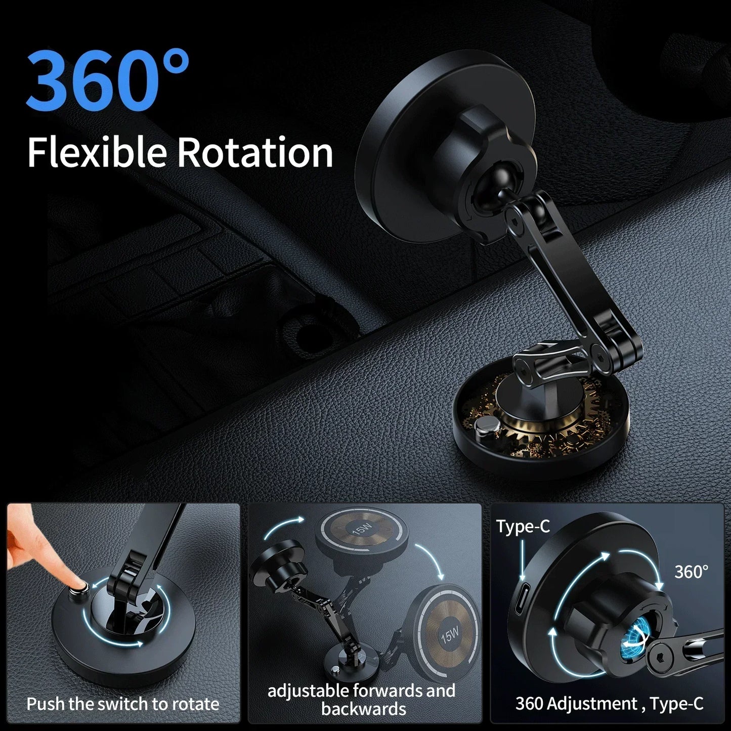 15W Magnetic Car Phone Holder Mount Wireless Charger Rotation Magnetic Car Phone Stand Fast Charging for IPhone 16 15 14 13 12