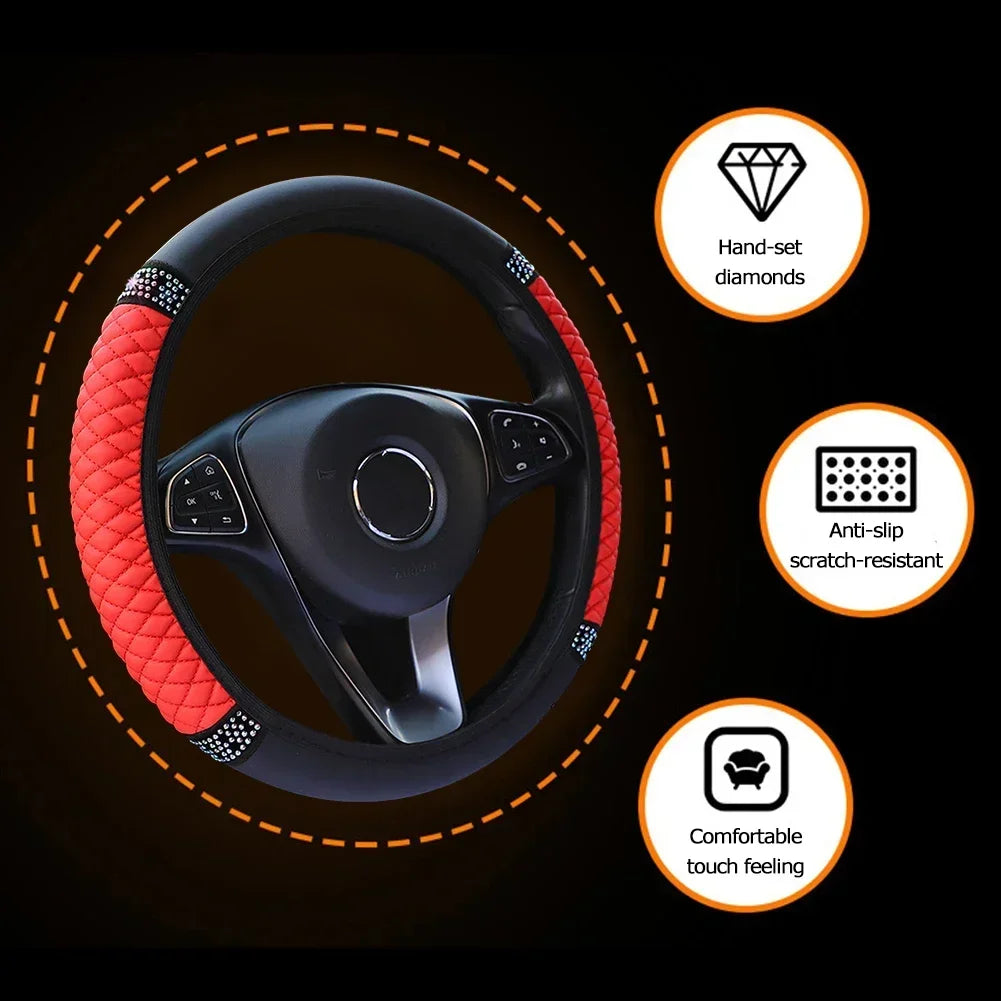 Car Steering Wheel Cover Without Inner Ring 37-38cm Three-dimensional Leather Embroidered Color Diamond-encrusted Breathable