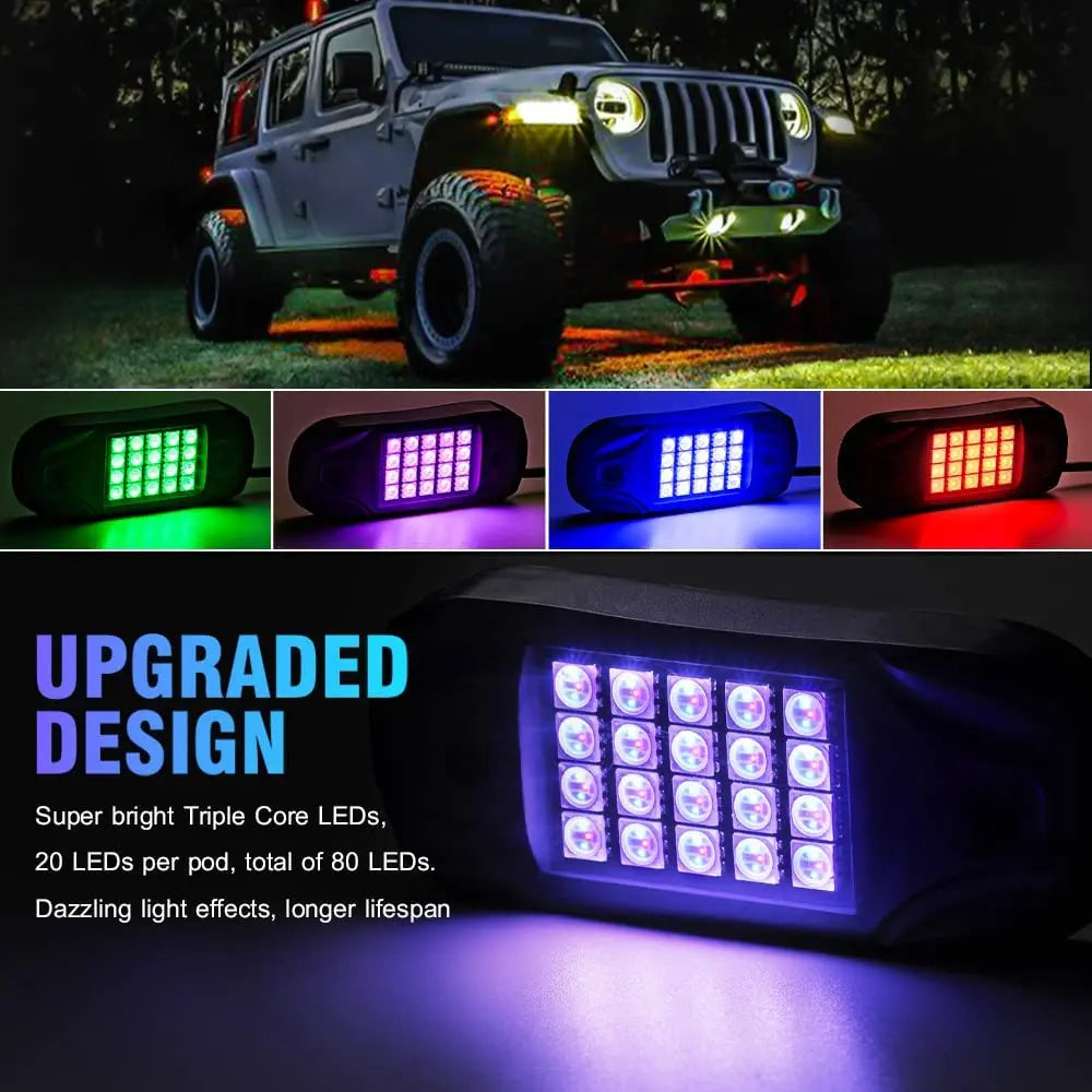 RGB Car Underglow Light LED Rock Light Multicolor Neon Bluetooth With RF APP Remote Controller For OffRoad Car Truck SUV ATV UTV