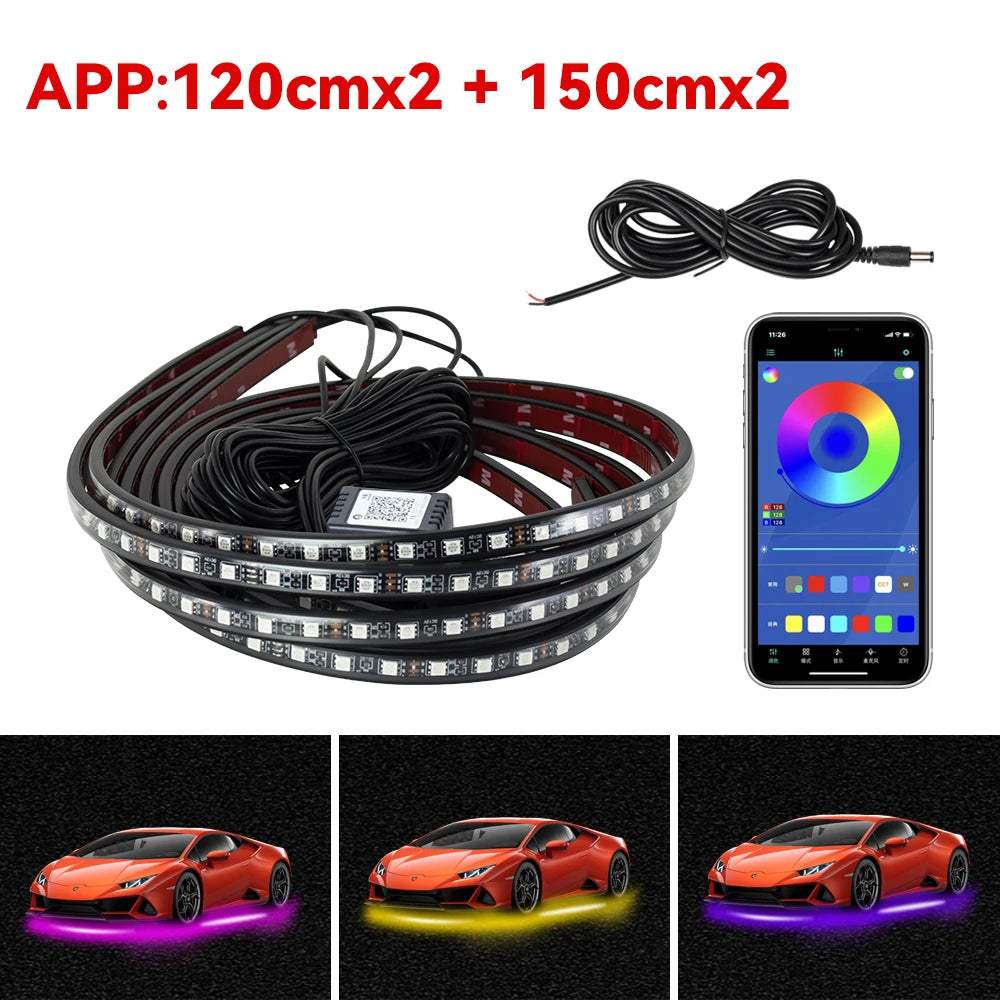 Car Underbody Light Decorative Lamp Neon LED RGB Car Underglow Bottom Light Remote/APP Control Flexible Waterproof LED Strip