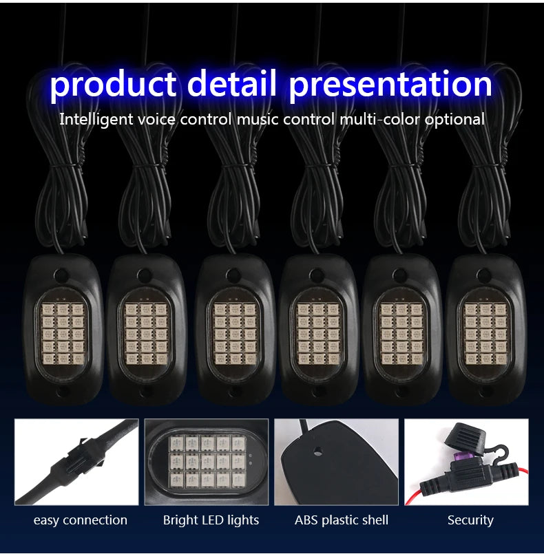 RGB Car Underglow Light LED Rock Light Multicolor Neon Bluetooth With RF APP Remote Controller For OffRoad Car Truck SUV ATV UTV