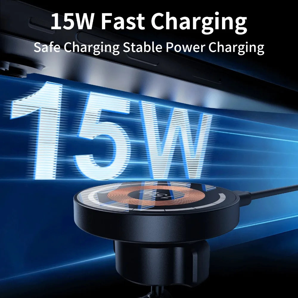 15W Magnetic Car Phone Holder Mount Wireless Charger Rotation Magnetic Car Phone Stand Fast Charging for IPhone 16 15 14 13 12