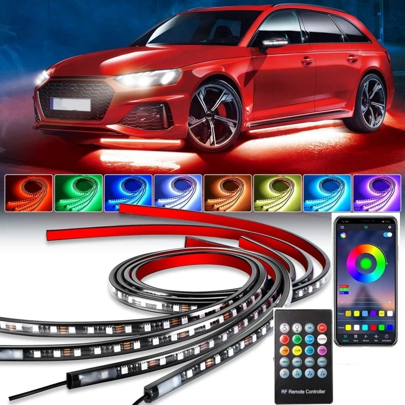 Car Underglow Neon Light Flexible LED Strip Underbody Remote/APP Control RGB Dream Color Auto Decorative Ambient Atmosphere Lamp