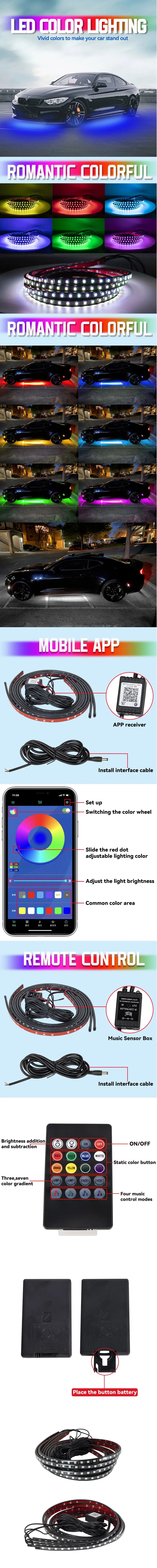 Car Underbody Light Decorative Lamp Neon LED RGB Car Underglow Bottom Light Remote/APP Control Flexible Waterproof LED Strip