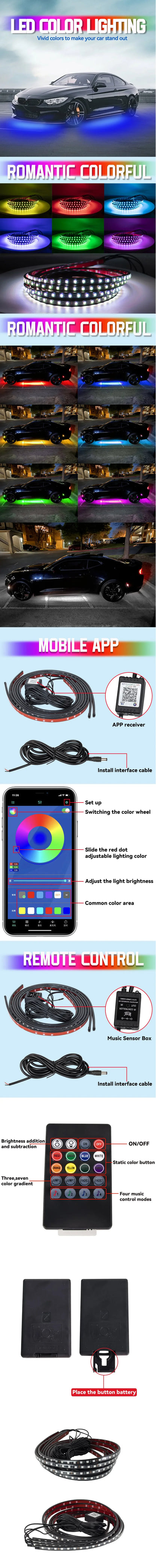 Car Underbody Light Decorative Lamp Neon LED RGB Car Underglow Bottom Light Remote/APP Control Flexible Waterproof LED Strip