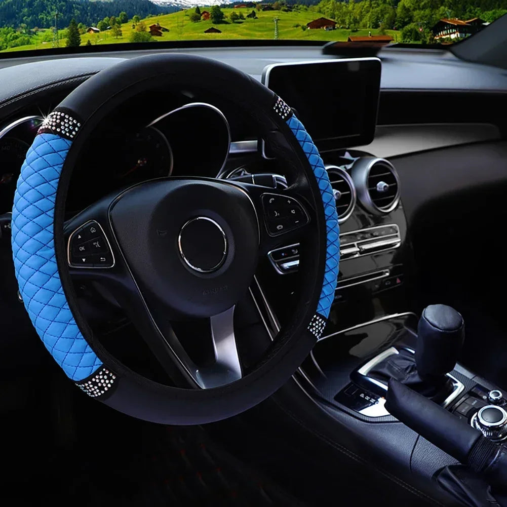 Car Steering Wheel Cover Without Inner Ring 37-38cm Three-dimensional Leather Embroidered Color Diamond-encrusted Breathable