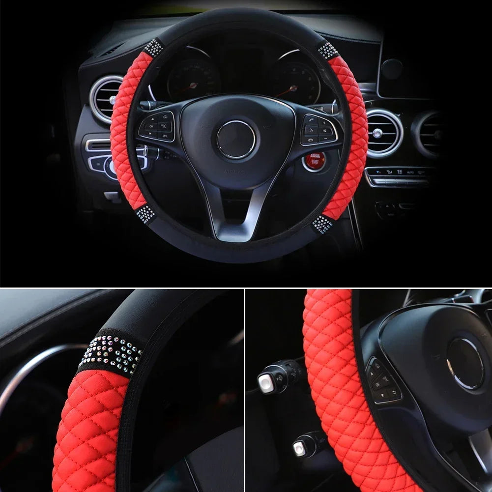 Car Steering Wheel Cover Without Inner Ring 37-38cm Three-dimensional Leather Embroidered Color Diamond-encrusted Breathable