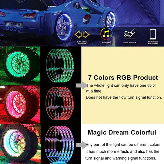 4pcs Magic Colourful Car Wheel Led Hub Light Auto SUV Ambient Styling Lamp with turn signal Brake Function APP Remote Sense 12V