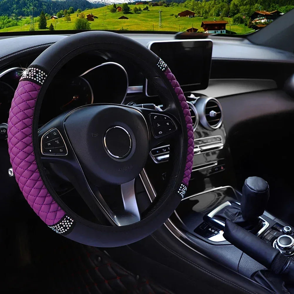 Car Steering Wheel Cover Without Inner Ring 37-38cm Three-dimensional Leather Embroidered Color Diamond-encrusted Breathable