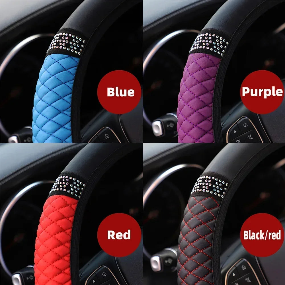 Car Steering Wheel Cover Without Inner Ring 37-38cm Three-dimensional Leather Embroidered Color Diamond-encrusted Breathable
