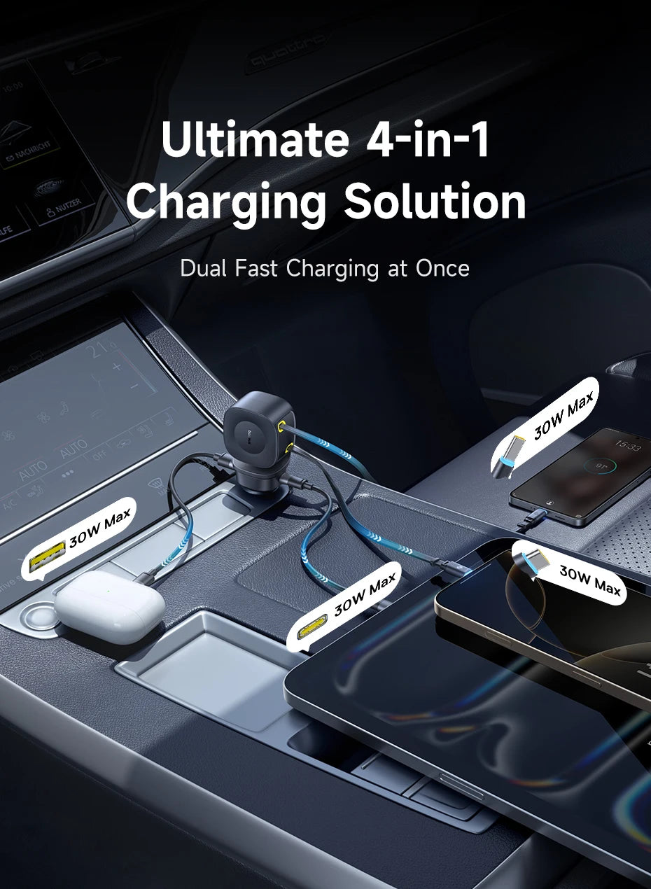 Baseus Car Charger 60W 100W 30W 240W 4 ports Built in Dual Retractable Cable PD Fast Charging USB Type-C Car Phone Charger