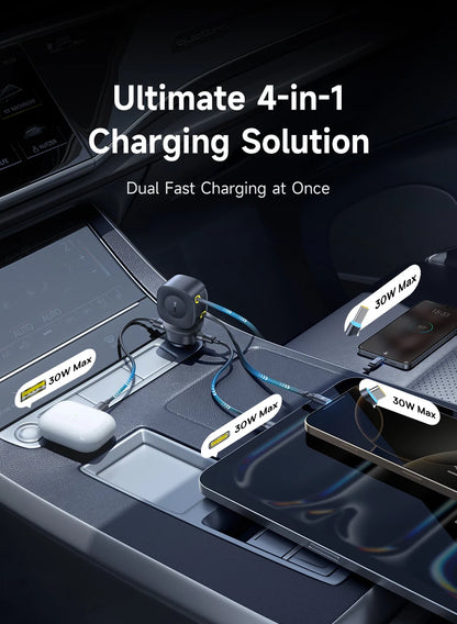 Baseus Car Charger 60W 100W 30W 240W 4 ports Built in Dual Retractable Cable PD Fast Charging USB Type-C Car Phone Charger