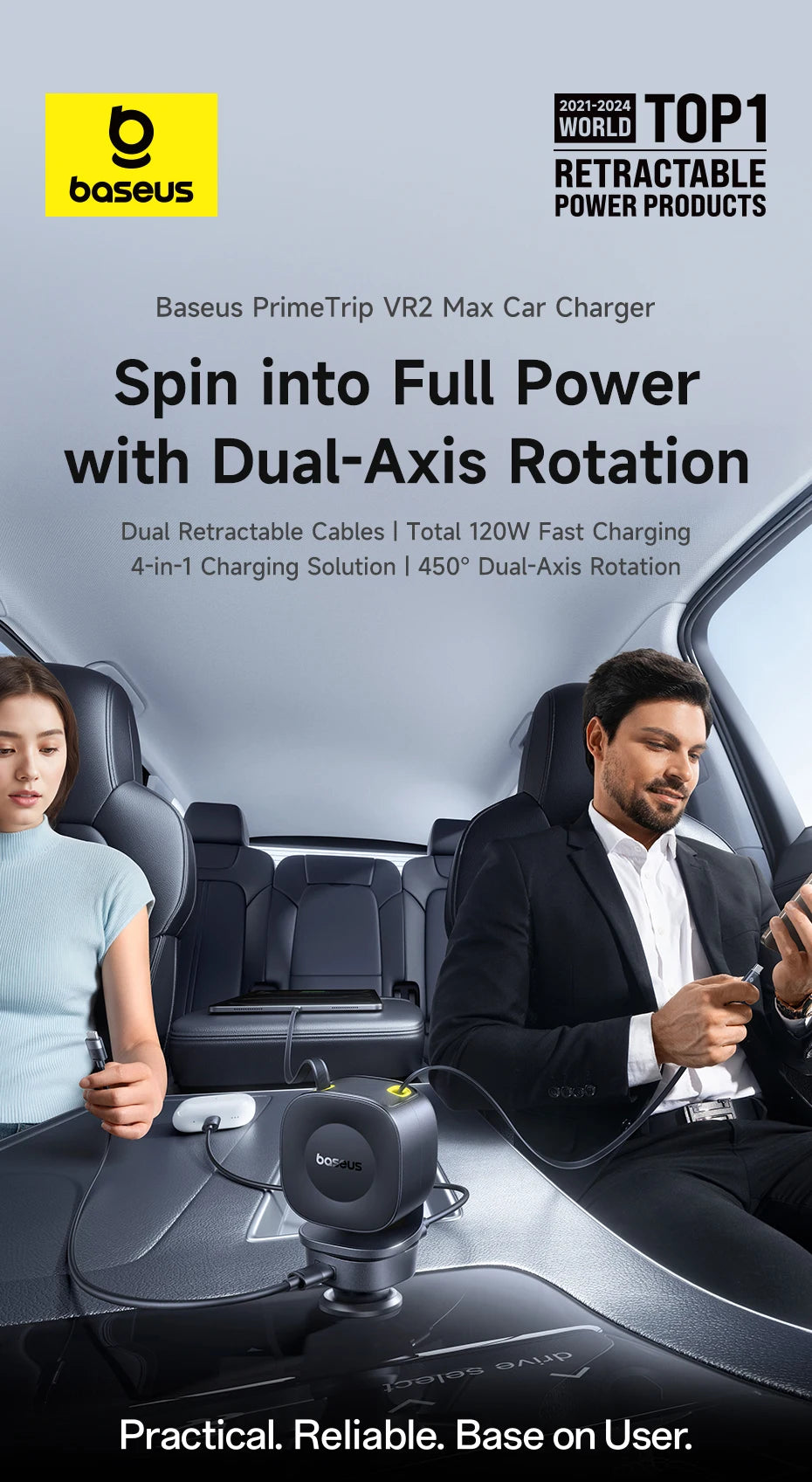 Baseus Car Charger 60W 100W 30W 240W 4 ports Built in Dual Retractable Cable PD Fast Charging USB Type-C Car Phone Charger