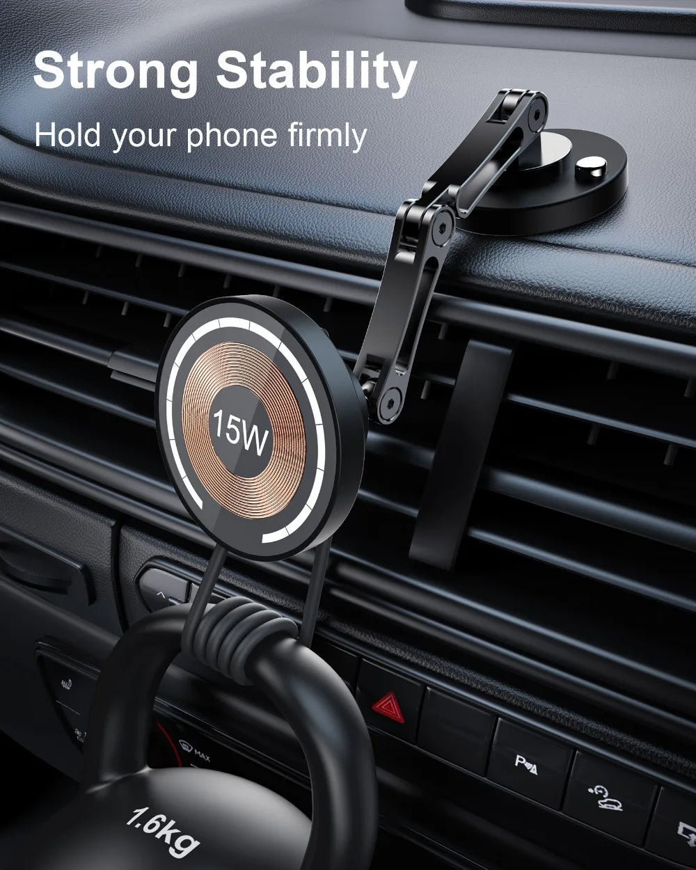 15W Magnetic Car Phone Holder Mount Wireless Charger Rotation Magnetic Car Phone Stand Fast Charging for IPhone 16 15 14 13 12