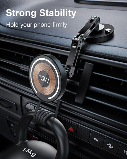 15W Magnetic Car Phone Holder Mount Wireless Charger Rotation Magnetic Car Phone Stand Fast Charging for IPhone 16 15 14 13 12