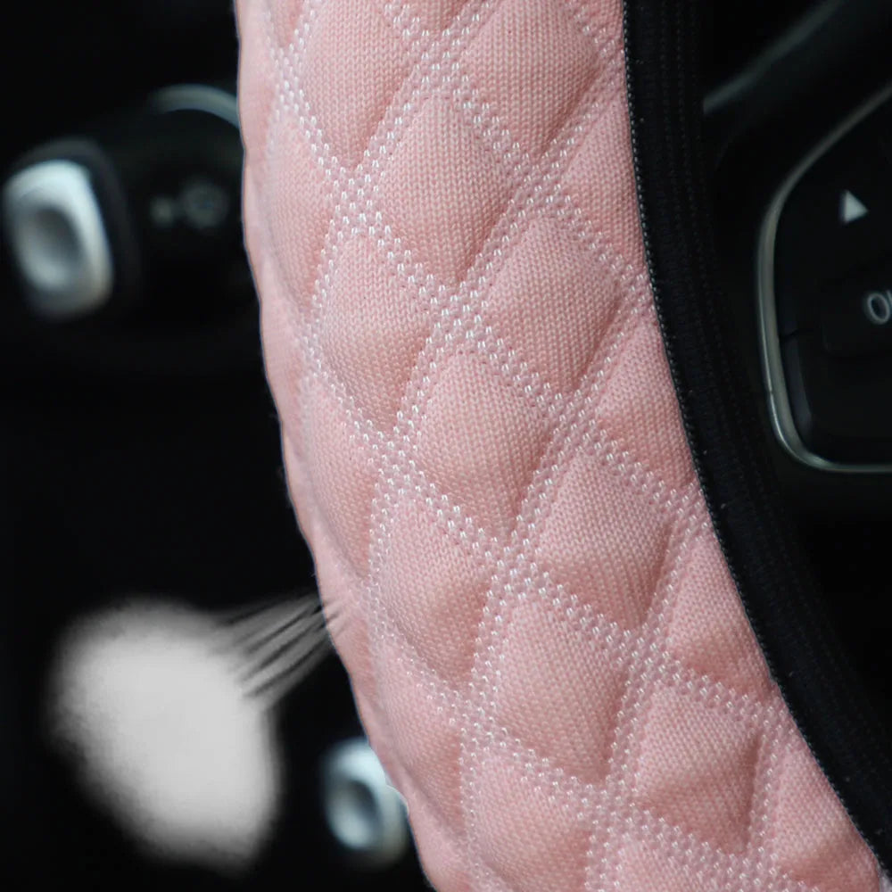 Car Steering Wheel Cover Ice Silk Breathable Comfortable Check Fabric 14.5-15 Inch Diameter Driving Wheel Cover