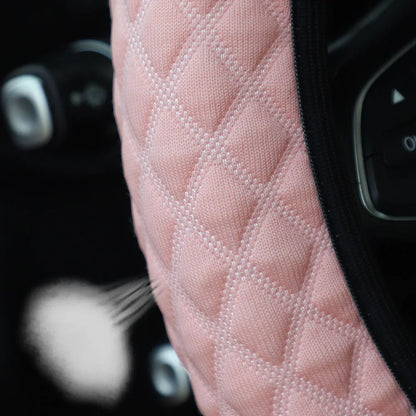 Car Steering Wheel Cover Ice Silk Breathable Comfortable Check Fabric 14.5-15 Inch Diameter Driving Wheel Cover