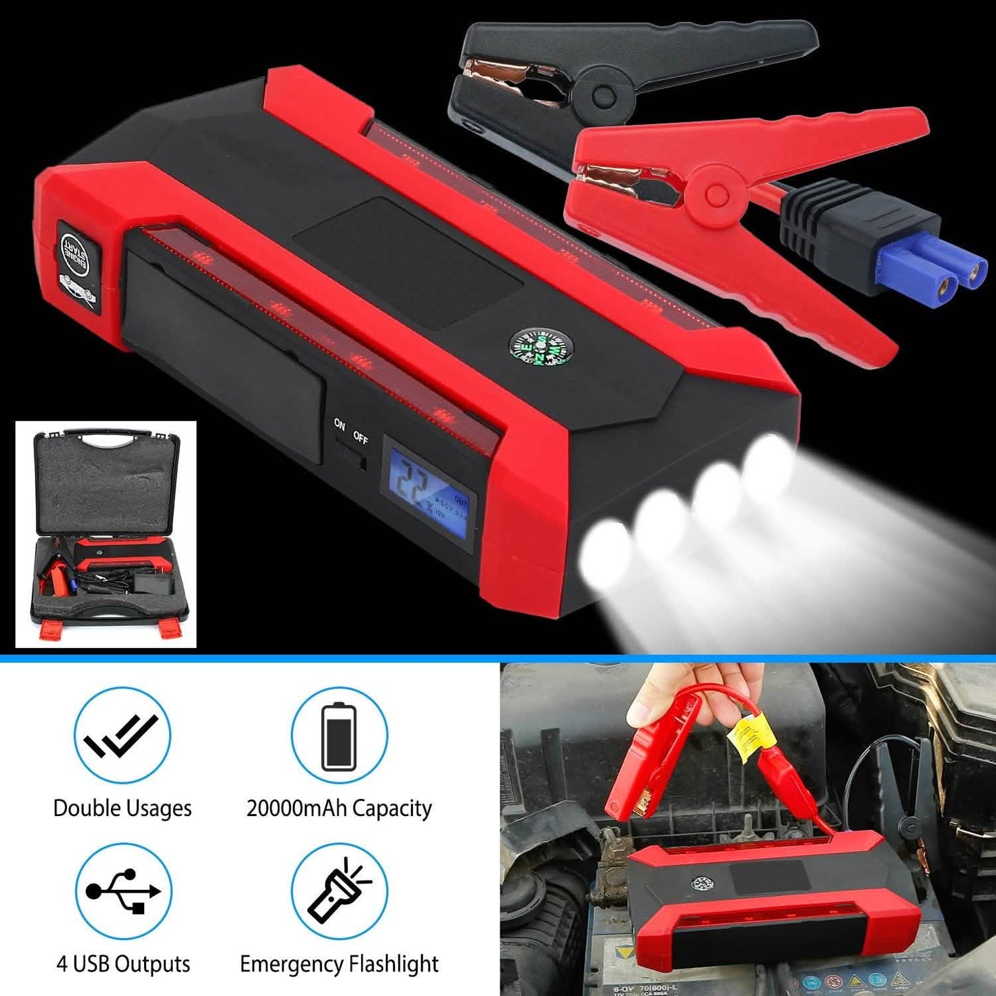 Car Jump Starter Booster with LCD Screen 4 Modes LED Flashlight
