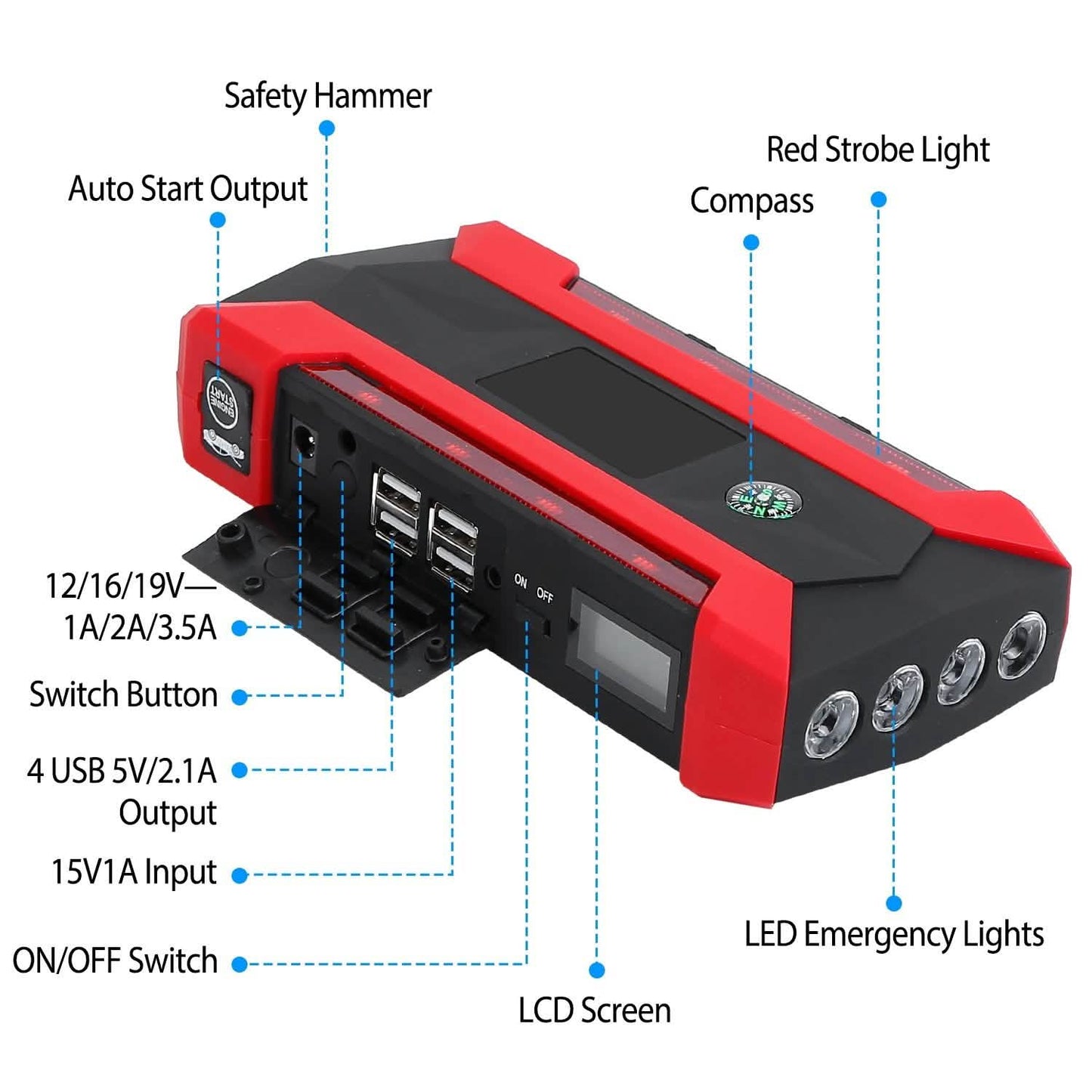 Car Jump Starter Booster with LCD Screen 4 Modes LED Flashlight